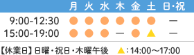 営業時間　9:00-12:30　15:00-19:00　【休業日】日曜・祝日・木曜午後　土曜午後：14:00～17:00